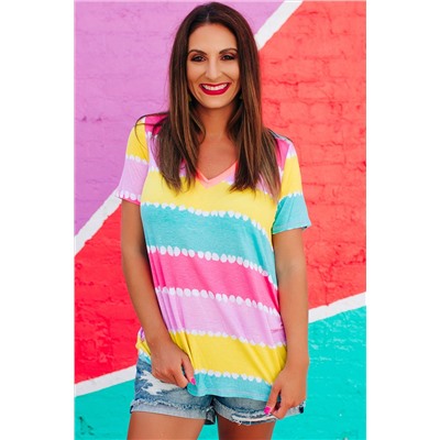 Yellow Striped Color Block V Neck T Shirt