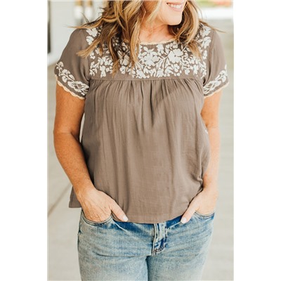 Gray Short Sleeve Embroidered Blouse