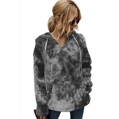 Темно-серый плюшевый пуловер-худи с V-образным вырезом