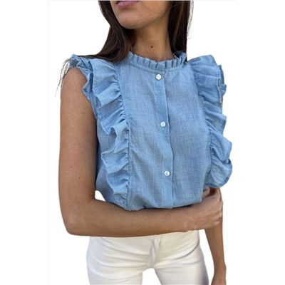 Sky Blue Ruffle Trim Soft Lightweight Sleeveless Shirt