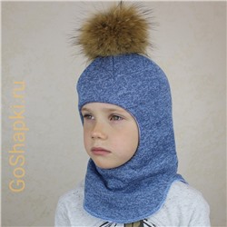Шлем зимний утепленный из вязаного полотна с хлопковой подкладкой и помпоном "Голубой"