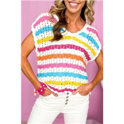 Multicolor Striped Crochet Tassel Lace-up Back Knit Top