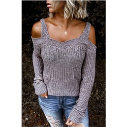 Серый вязаный свитер с открытыми плечами