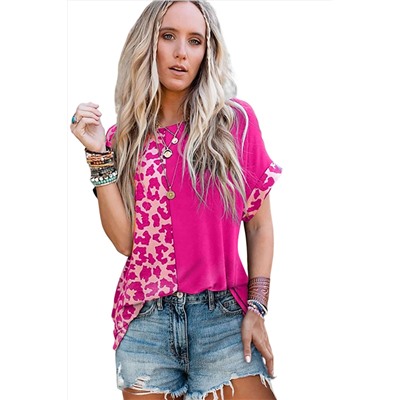 Rose Half Leopard Patchwork Short Sleeves Top