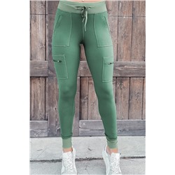 Зеленые леггинсы-карго с карманами и эластичным поясом и шнурком