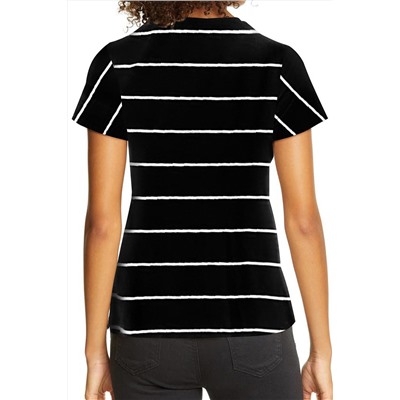 Black Round Neck Striped Print T-shirt