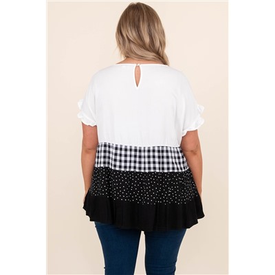 White Plaid Dot Ruffled Plus Size Babydoll Top