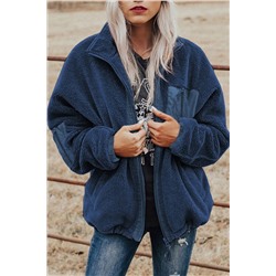 Blue Black Zip Up Sherpa Coat with Pocket