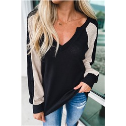 Black V Neck Contrast Block Waffle Knit Top