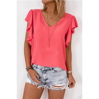 V Neck Ruffle Sleeve Loose Top