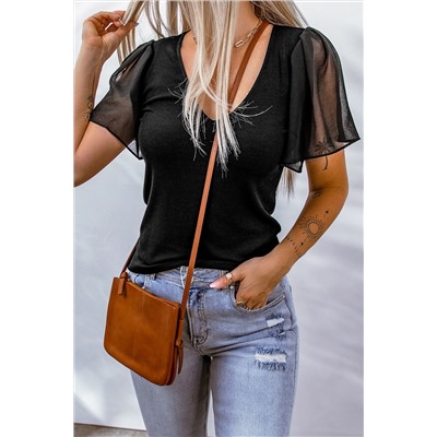 Black Sheer Ruffle Sleeve V Neck Ribbed Top