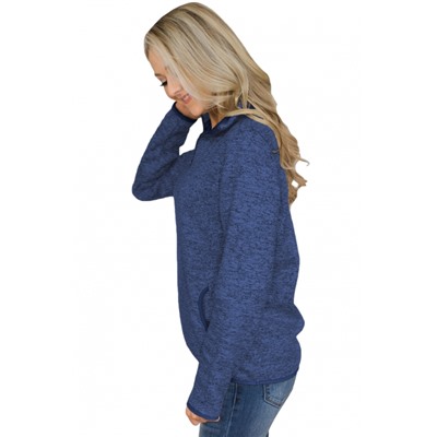 Синий пуловер с прорезными карманами и застежкой-молнией