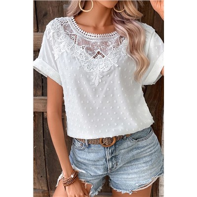 White Lace Swiss Dot Cuffed Sleeves Top