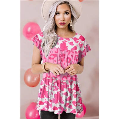 Pink Leopard Cow Spots Tiered Ruffle Blouse