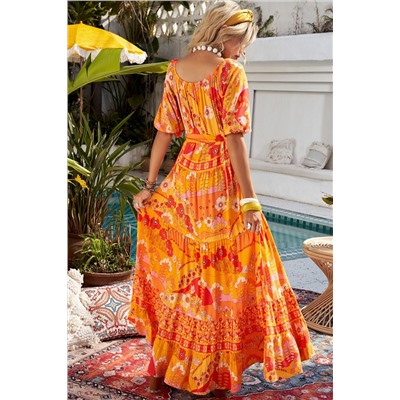 Оранжевое платье с цветочным принтом в стиле бохо