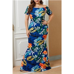 Бирюзовое платье-русалка с открытыми плечами и ярким цветочным принтом