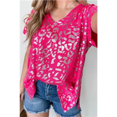 Rose V Neck Gold Leopard Short Sleeves Top