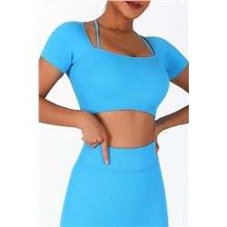 Blue Strappy Halter Ribbed Seamless Crop Yoga Top