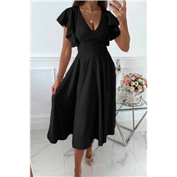 Черное платье-миди с рукавом-воланом и глубоким V-образным вырезом