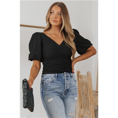 Black V Neck Ruched Front Puffy Sleeve Blouse