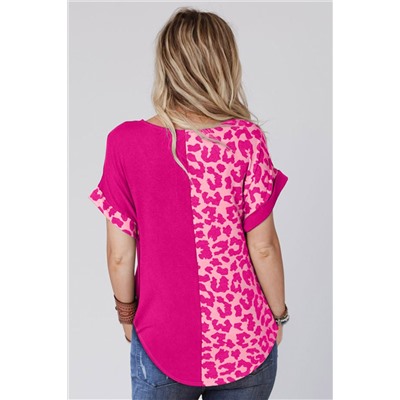 Rose Half Leopard Patchwork Short Sleeves Top