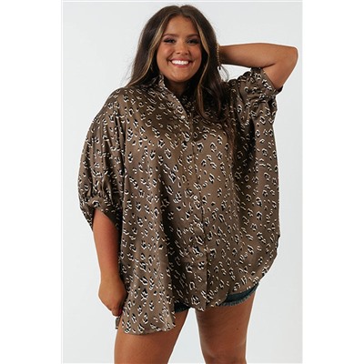 Leopard Buttoned Batwing Sleeve Plus Size Shirt