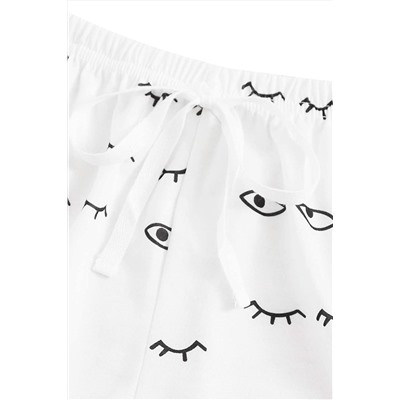 Белый комплект для отдыха с принтом "глаза": футболка с надписью: Let Me Sleep + шорты на шнуровке