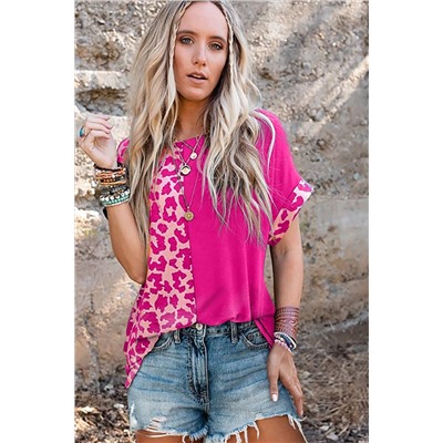 Rose Half Leopard Patchwork Short Sleeves Top