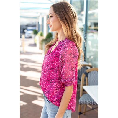 Rose Frilled Neck Puff Sleeves Leopard Print Top