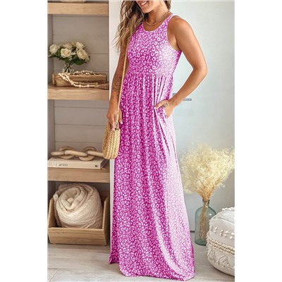 Розовое леопардовое платье макси с карманами