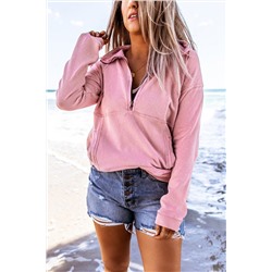 Розовый пуловер-свитшот с карманами и воротником на молнии