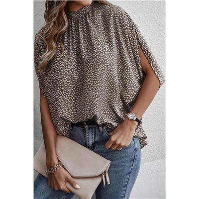 Leopard Dotty Print Knotted Dolman Sleeve Mock Neck Blouse