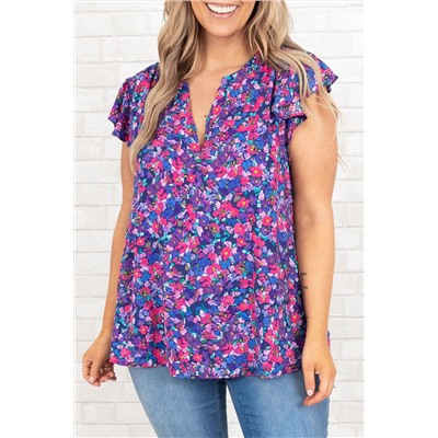 Purple Plus Size Floral Print Ruffle Sleeve Blouse