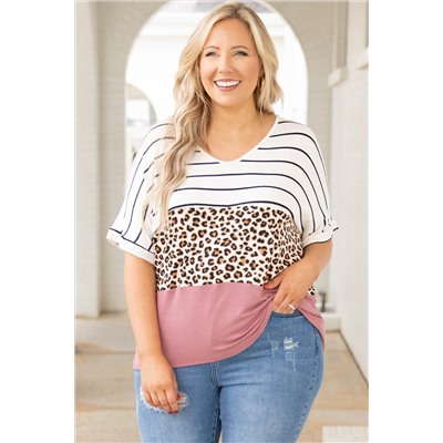 Striped Leopard Color Block Plus Size T-Shirt