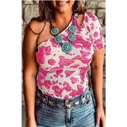 Pink One Shoulder Cow Print Cut out Short Sleeve Top