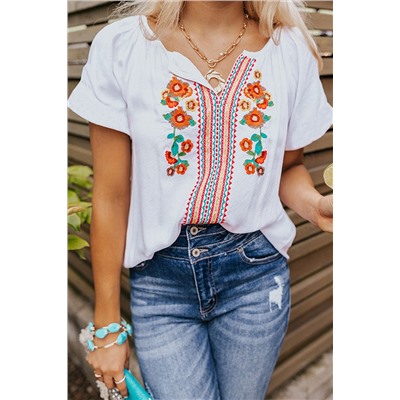 Short Sleeve V Neck Floral Embroidered Blouse