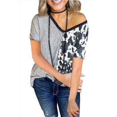 Gray Stripes & Cow Print Contrast V Neck Tee