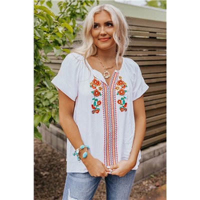 Short Sleeve V Neck Floral Embroidered Blouse