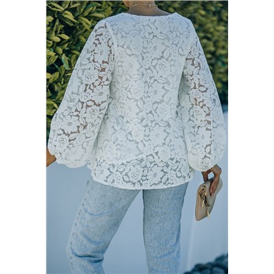 White Loose Puff Sleeve Lace Blouse