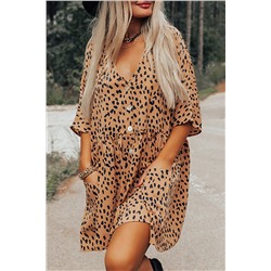 Коричневое леопардовое платье-сорочка с коротким рукавом