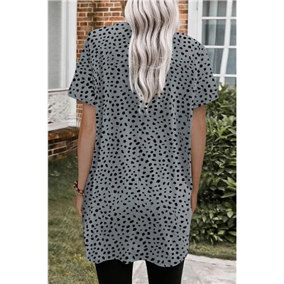 Gray Leopard Print Side Pockets Tunic Top