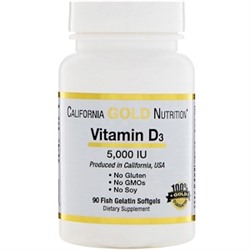 California Gold Nutrition, Витамин D3, 5000 IU, 90 рыбных желатиновых капсул