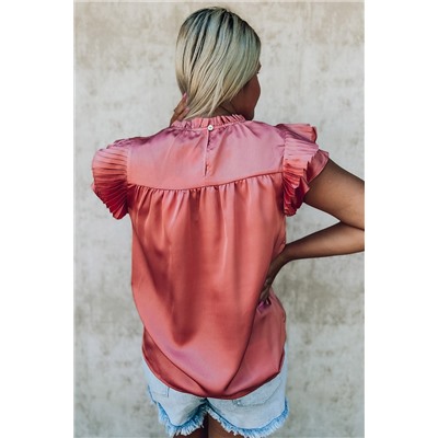 Pink Satin Fringed Ruffle Sleeve Mock Neck Blouse