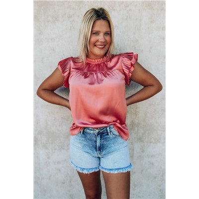 Pink Satin Fringed Ruffle Sleeve Mock Neck Blouse