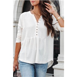 Белая блуза из вафельного трикотажа со сборкой и пуговицами спереди