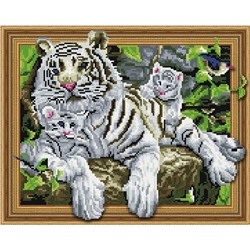 3D Алмазная мозаика, 40х50, круглые стразы TSGJ 1031 Белая тигрица с тигрятами