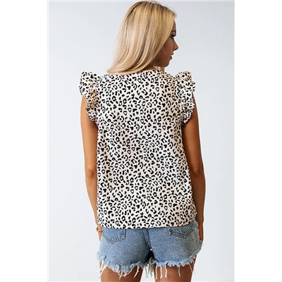 Leopard Ruffle Sleeve Embellished V-neck Blouse