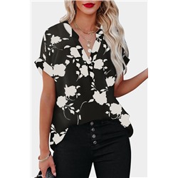 Черная свободная блузка с контрастным цветочным принтом