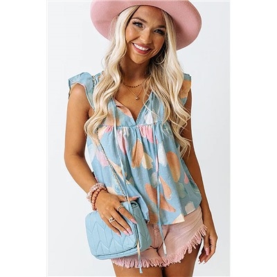 Sky Blue Splotches Pattern Ruffled Cap Sleeve Shift Top