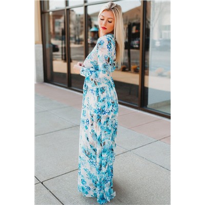 Голубое платье макси с V-образным вырезом и цветочным принтом с запахом